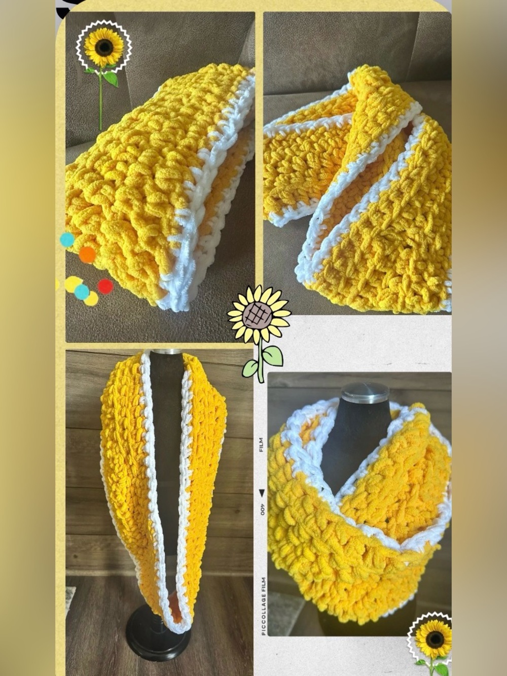 Cozy Yellow Plush Infinity Scarf with White Trim